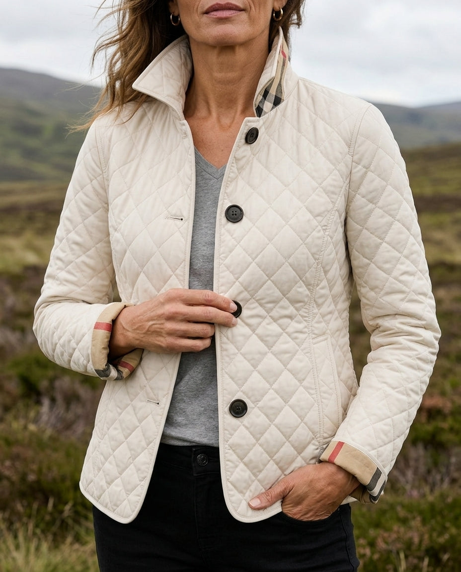Margo & Main cream diamond quilted jacket — front view of the stand collar and quilting, US women's sizes