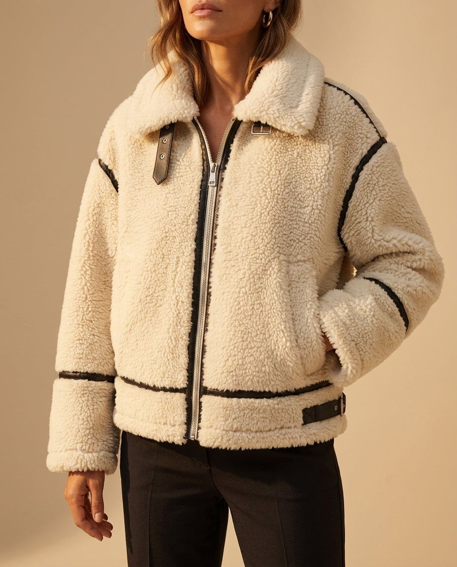 Margo & Main cream sherpa aviator jacket — front view of the zip and spread collar, US women's sizes