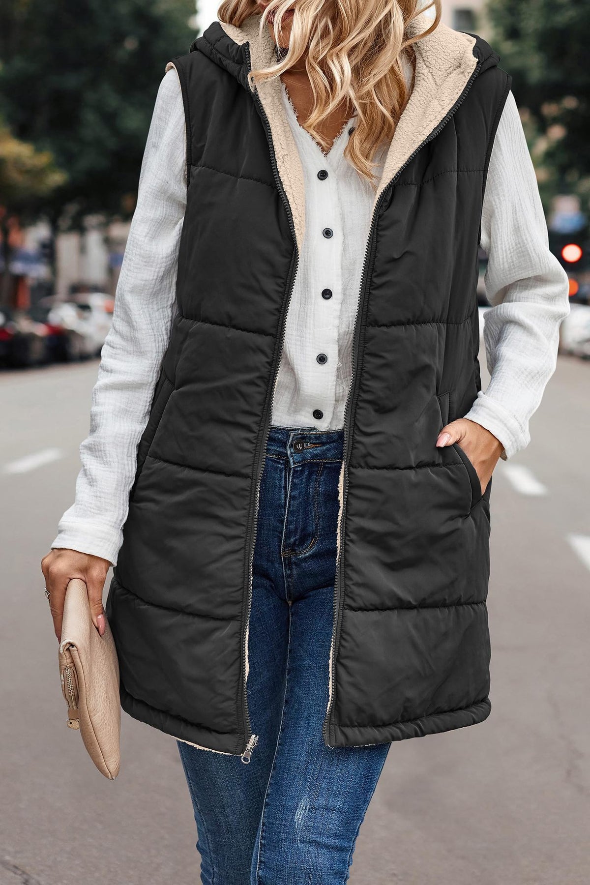 Margo & Main black sherpa lined vest — front view with the snap front placket closed, US women's sizes