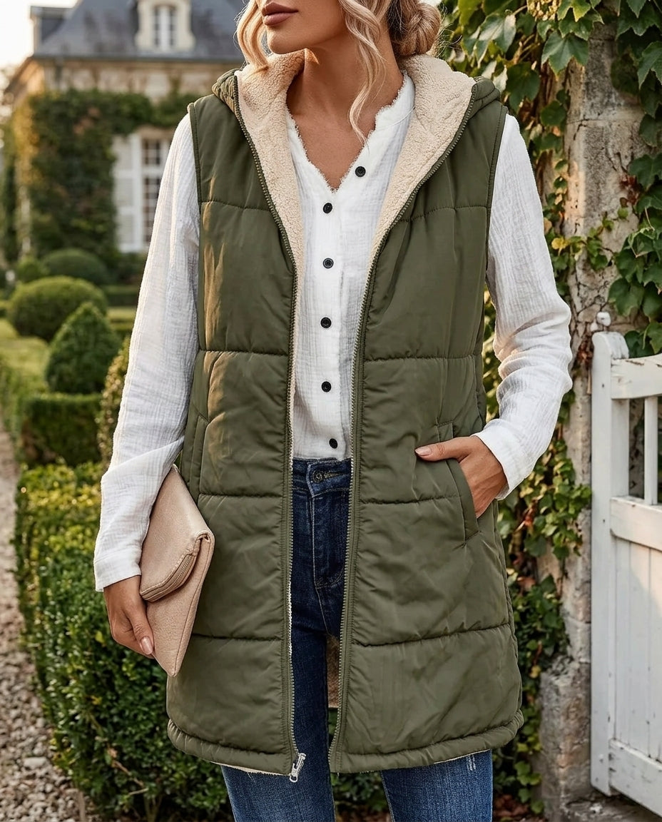 Margo & Main olive sherpa lined vest — front view worn open, longline quilted body, US women's sizes