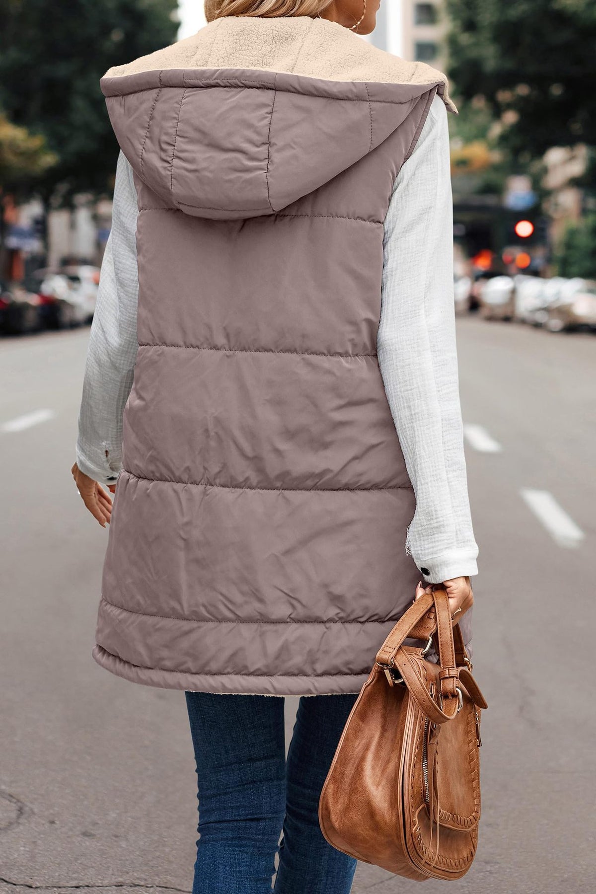 Margo & Main taupe sherpa lined vest — back view with the quilted hood lying flat, US women's sizes