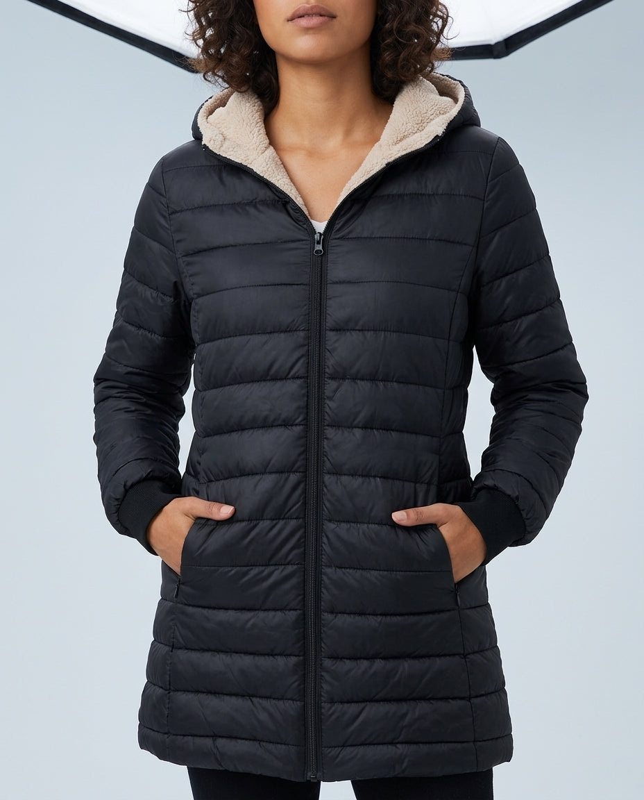 Margo & Main black sherpa puffer coat — front view with the cream sherpa hood and zip, US women's sizes