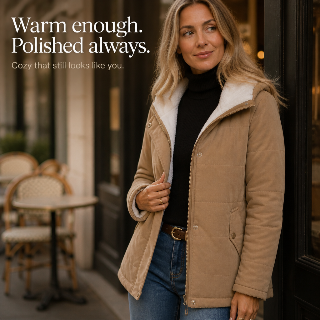 Margo & Main camel sherpa quilted jacket — front view with the sherpa collar folded out, US women's sizes