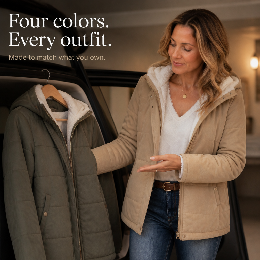 Margo & Main camel sherpa quilted jacket — two jackets shown, one on a wooden hanger, US women's sizes