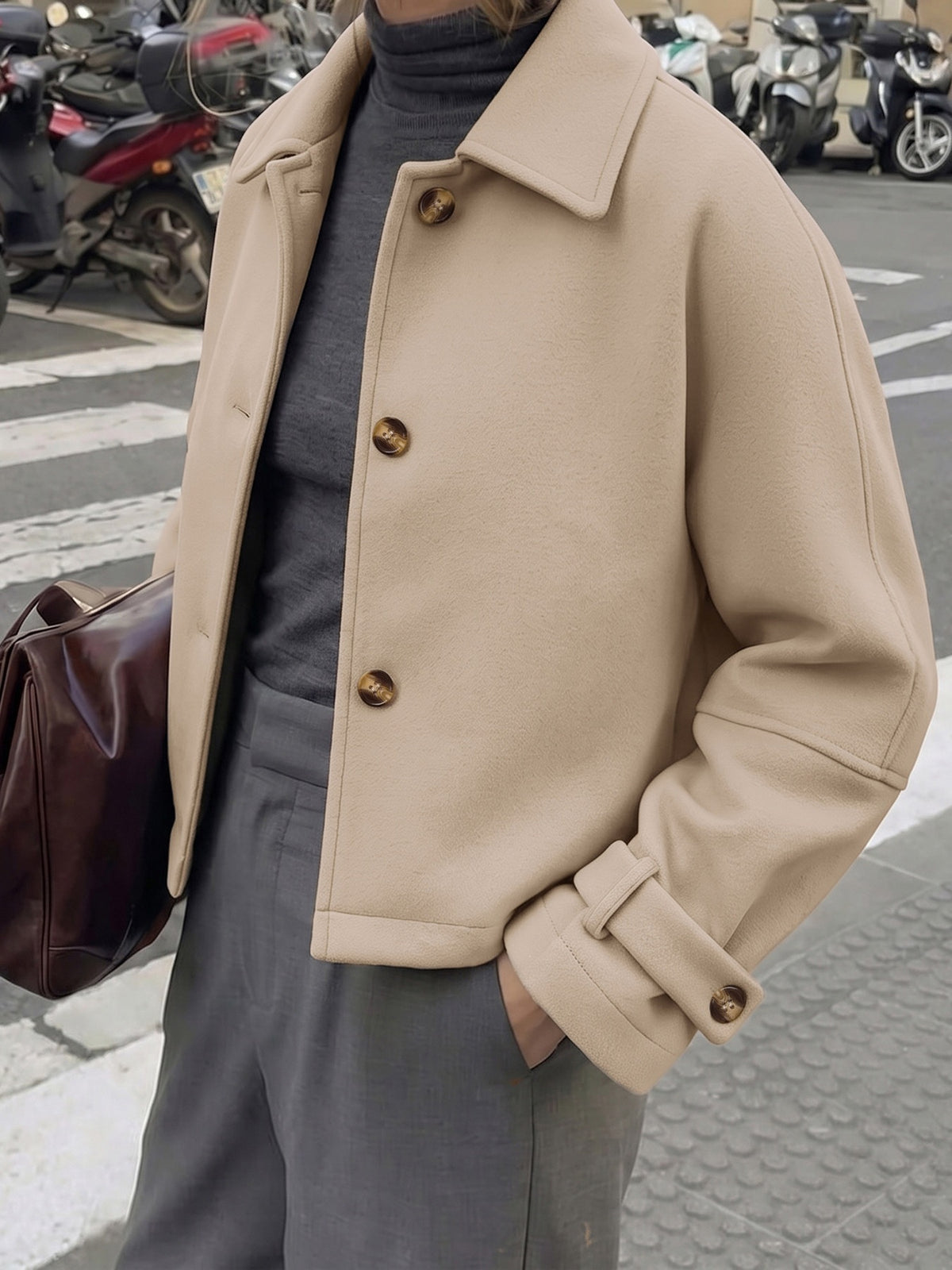 Margo & Main khaki short wool drop-shoulder jacket — angled view of the collar and pockets, US women's sizes