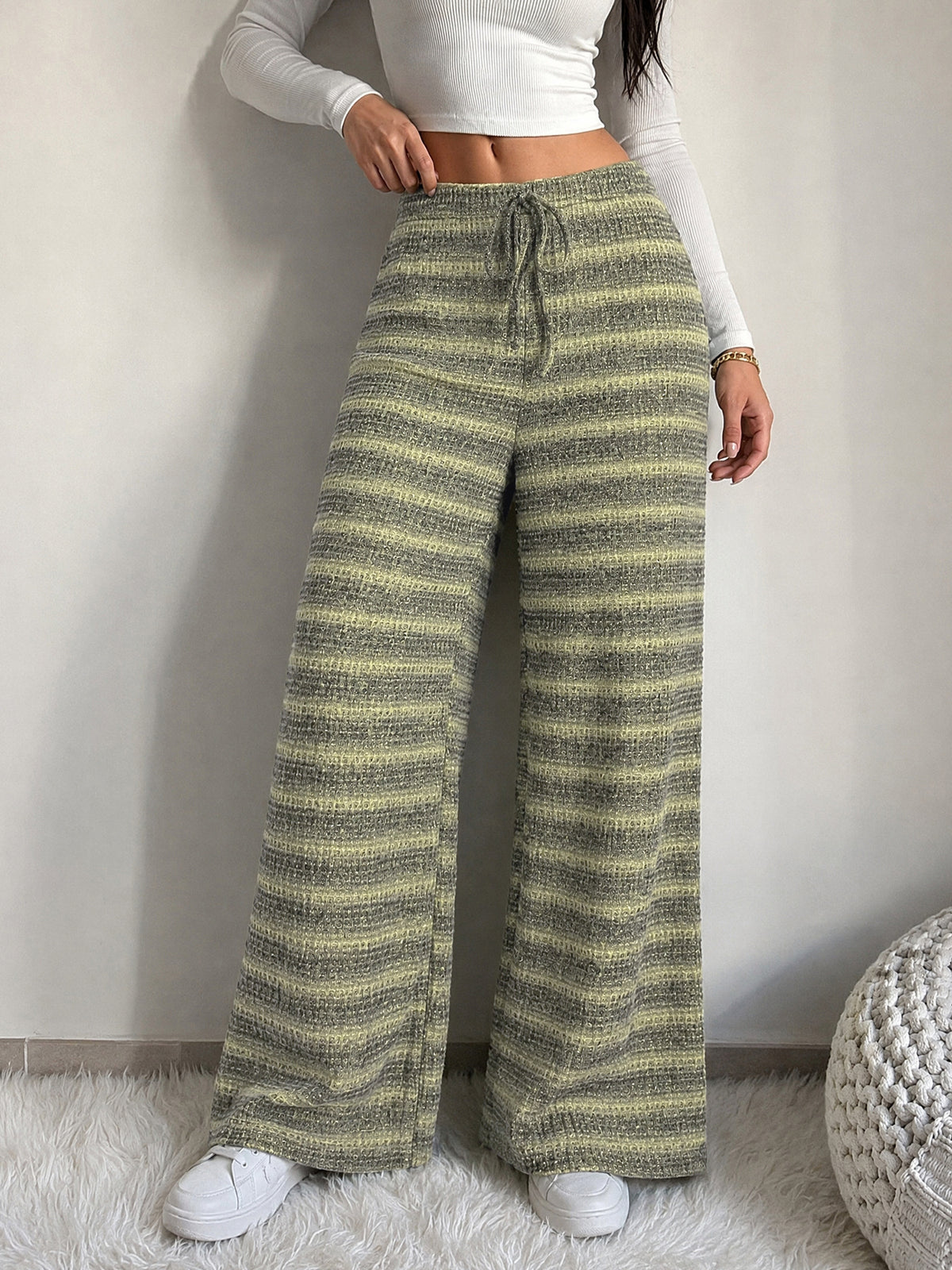 Margo & Main green striped knit wide-leg drawstring pants — front view with tie waist, US women's sizes