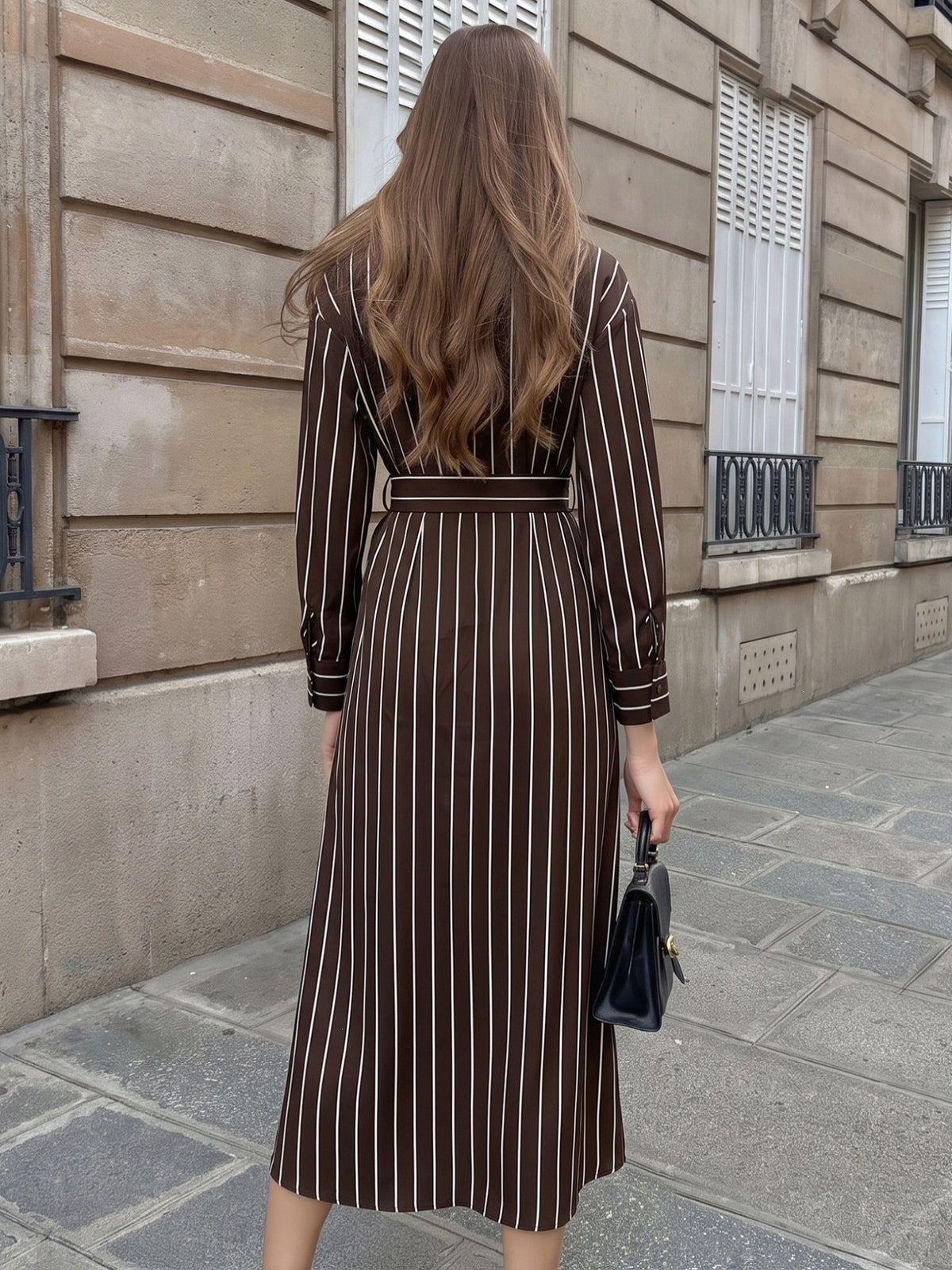 Margo & Main brown striped shirt midi dress — back view of the belted waist and long sleeves