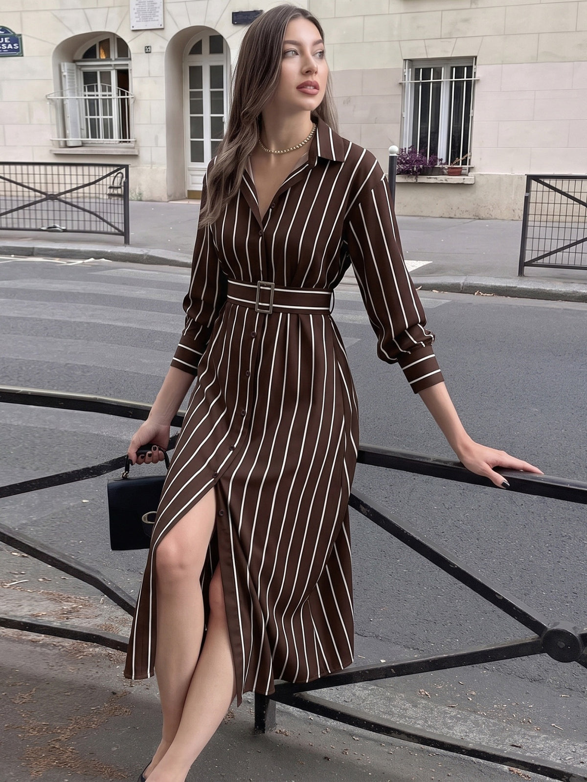 Margo & Main brown striped shirt midi dress — front slit and belted waist street view, US women's sizes