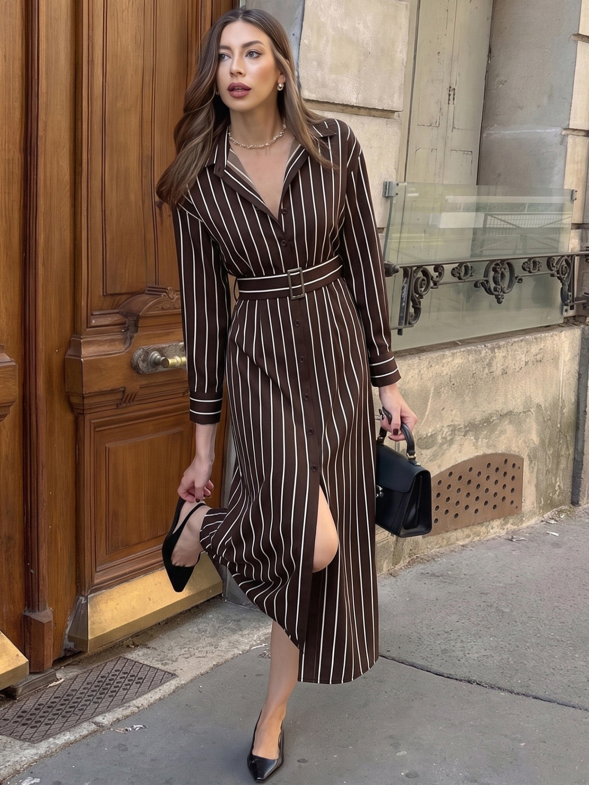 Margo & Main brown striped shirt midi dress — walking view of the button front and side slit
