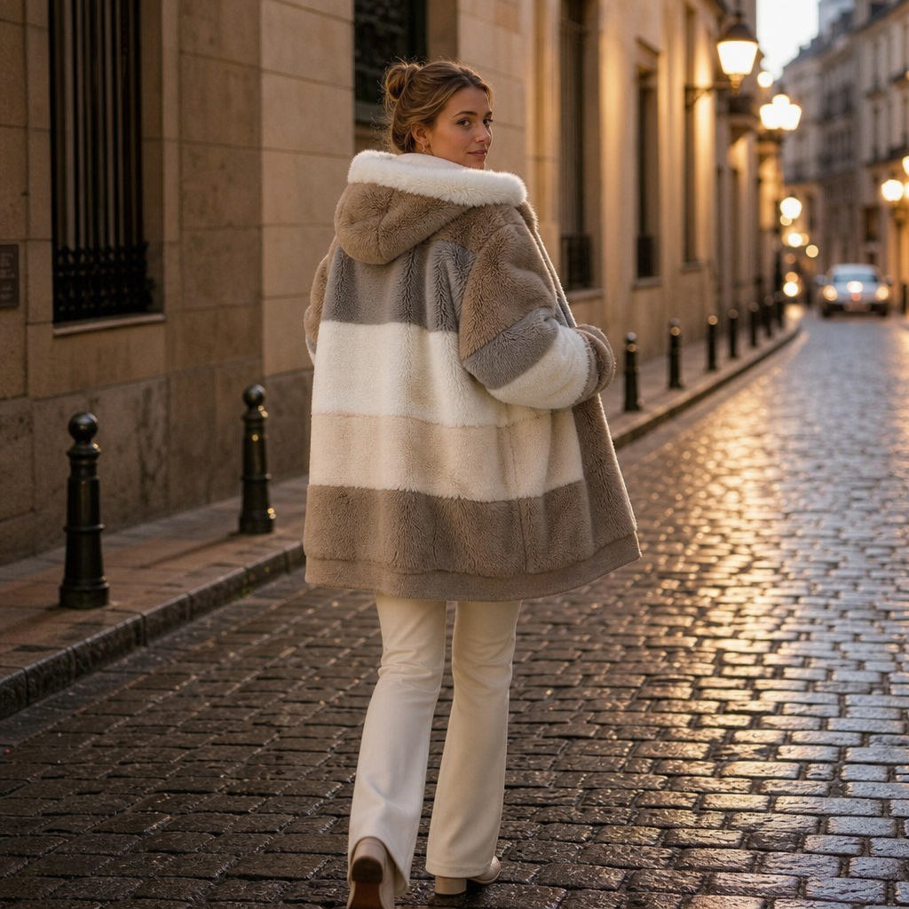 Margo & Main camel teddy hooded jacket — back view of the hood and block stripes, US women's sizes