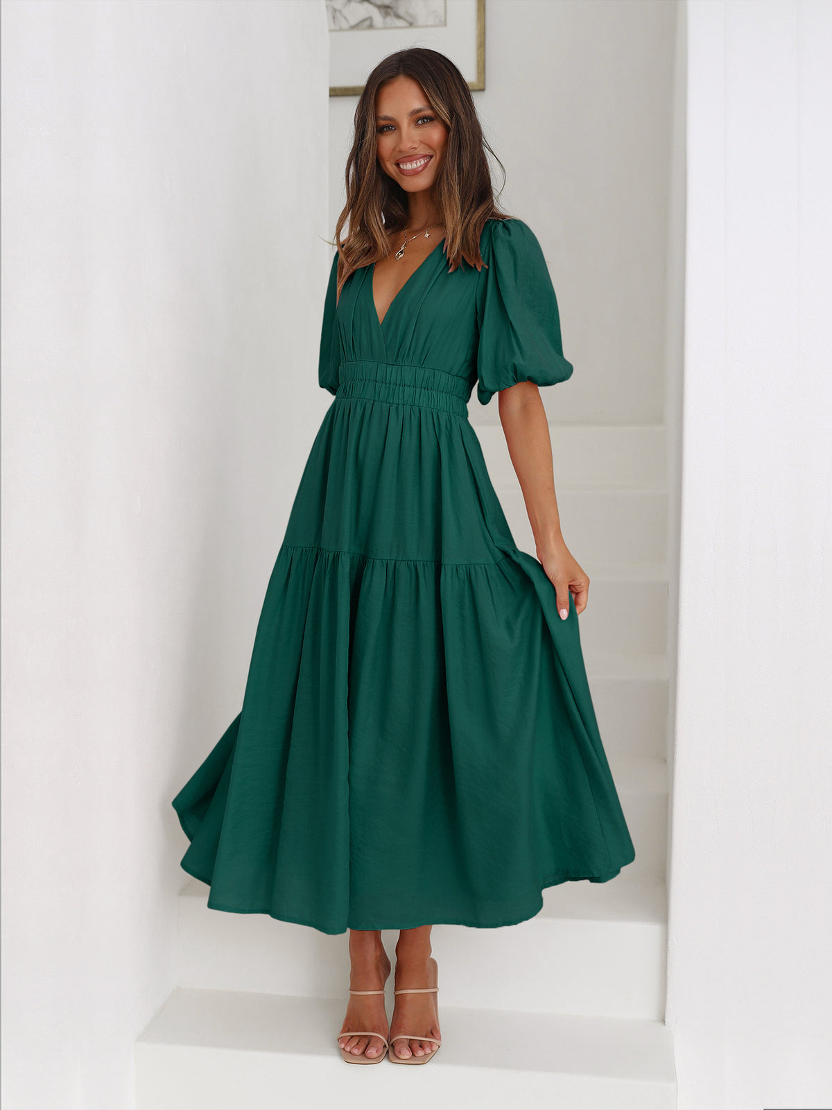 Margo & Main green tiered puff sleeve V-neck maxi dress — front view with smocked waist, US women's sizes
