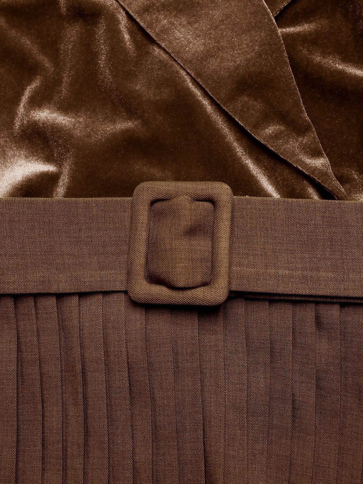 Margo & Main chocolate velvet midi dress — close-up of the lapel and covered buckle belt