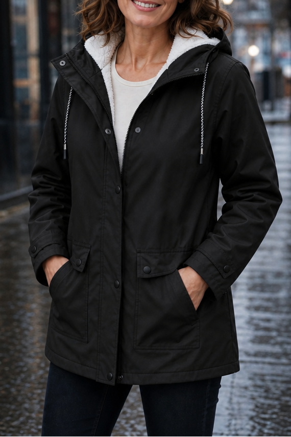 Margo & Main black hooded rain parka — front view worn open over a white top, US women's sizes