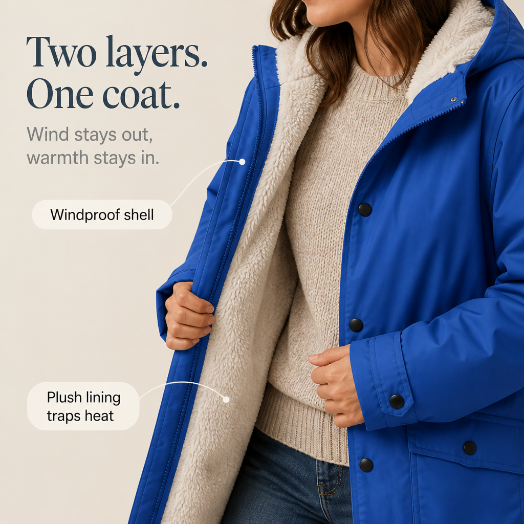 Margo & Main blue hooded rain parka — close-up of the plush lining at the front, US women's sizes