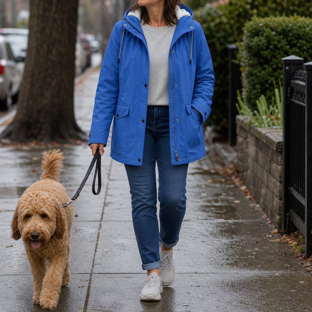 Margo & Main blue hooded rain parka — full-length walking view worn open with jeans, US women's sizes