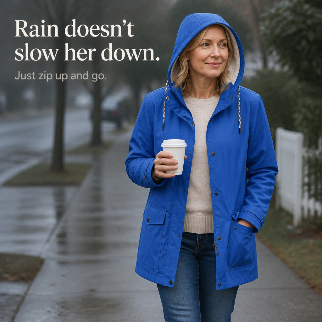 Margo & Main blue hooded rain parka — walking view with the hood up in the rain, US women's sizes