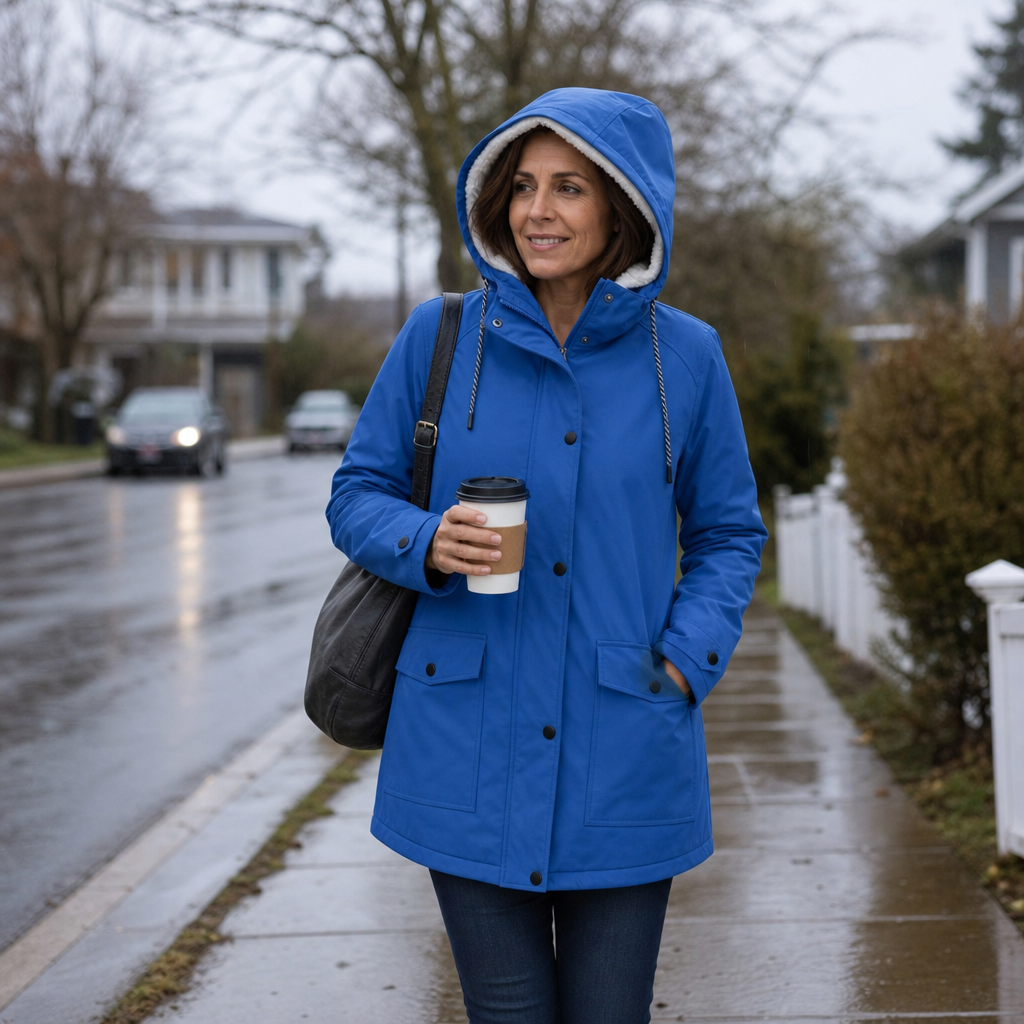 Margo & Main blue hooded rain parka — walking view with the hood up and drawcord, US women's sizes