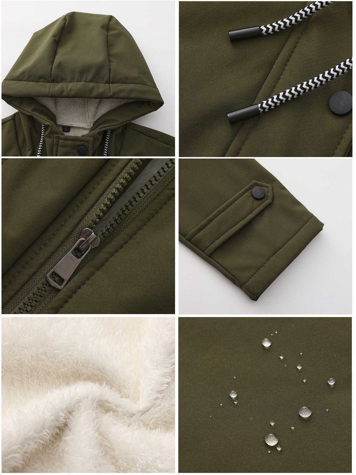 Margo & Main olive hooded rain parka — detail grid of the zip, cuff, lining and shell, US women's sizes