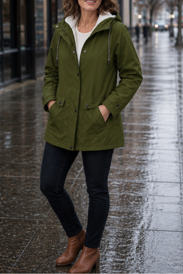 Margo & Main olive hooded rain parka — full-length view of the hood and snap front, US women's sizes
