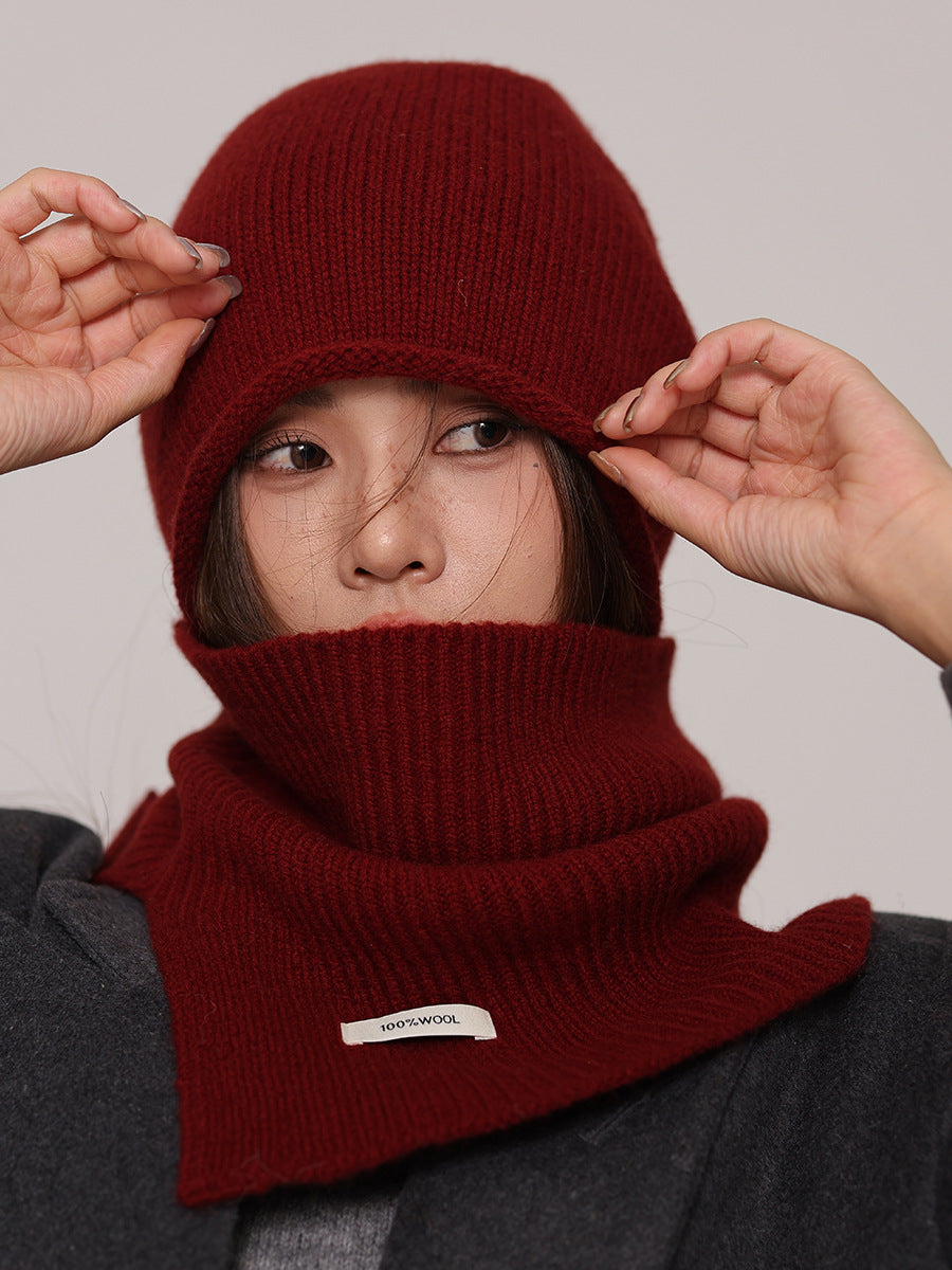 Margo & Main red wool beanie and snood set — front view of the ribbed beanie above the snood