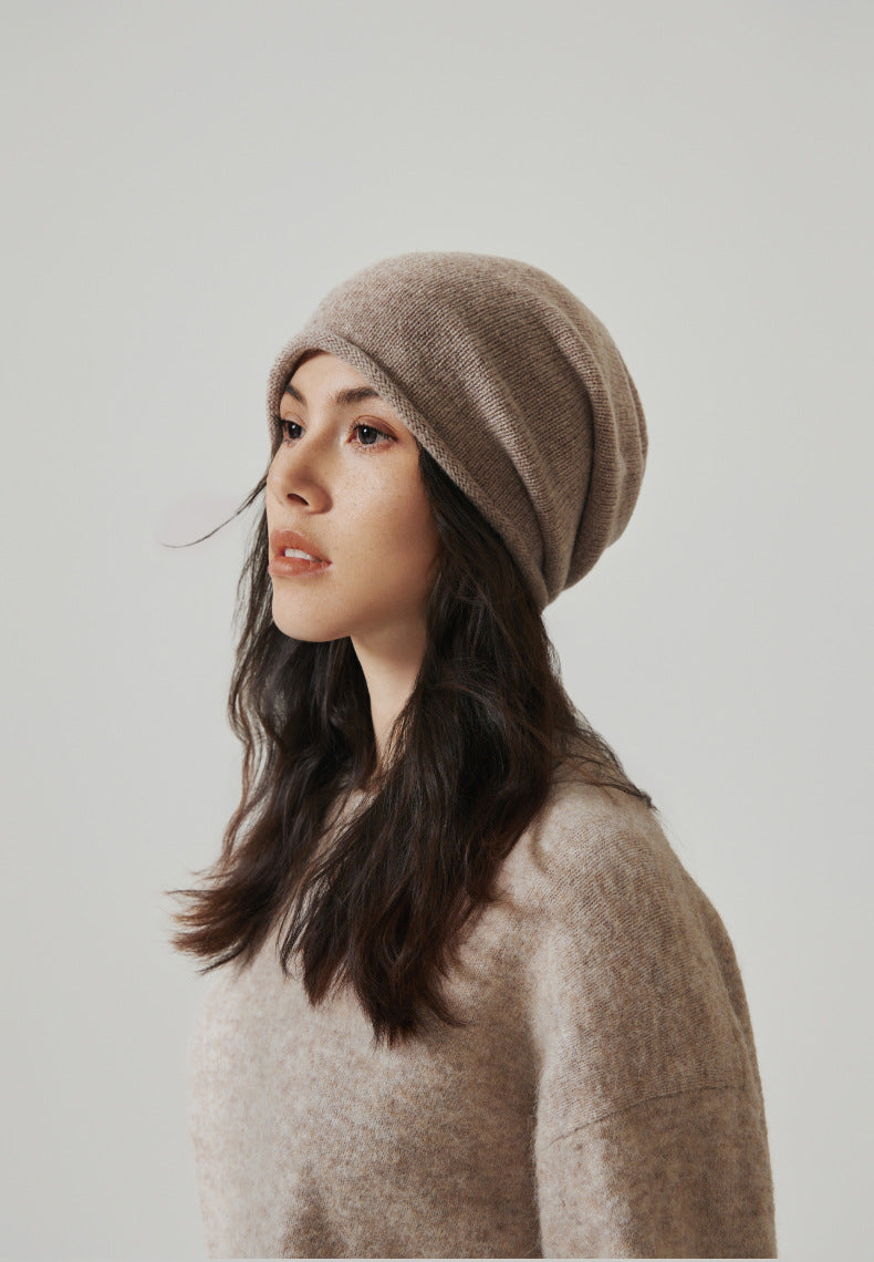 Margo & Main tan wool beanie — side view of the heathered knit with the brim turned up