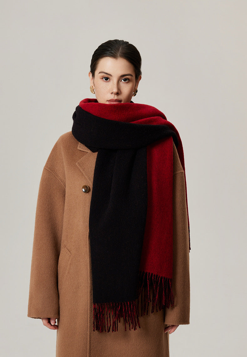 Margo & Main red lamb wool blanket scarf — front view with the fringed hem below the waist