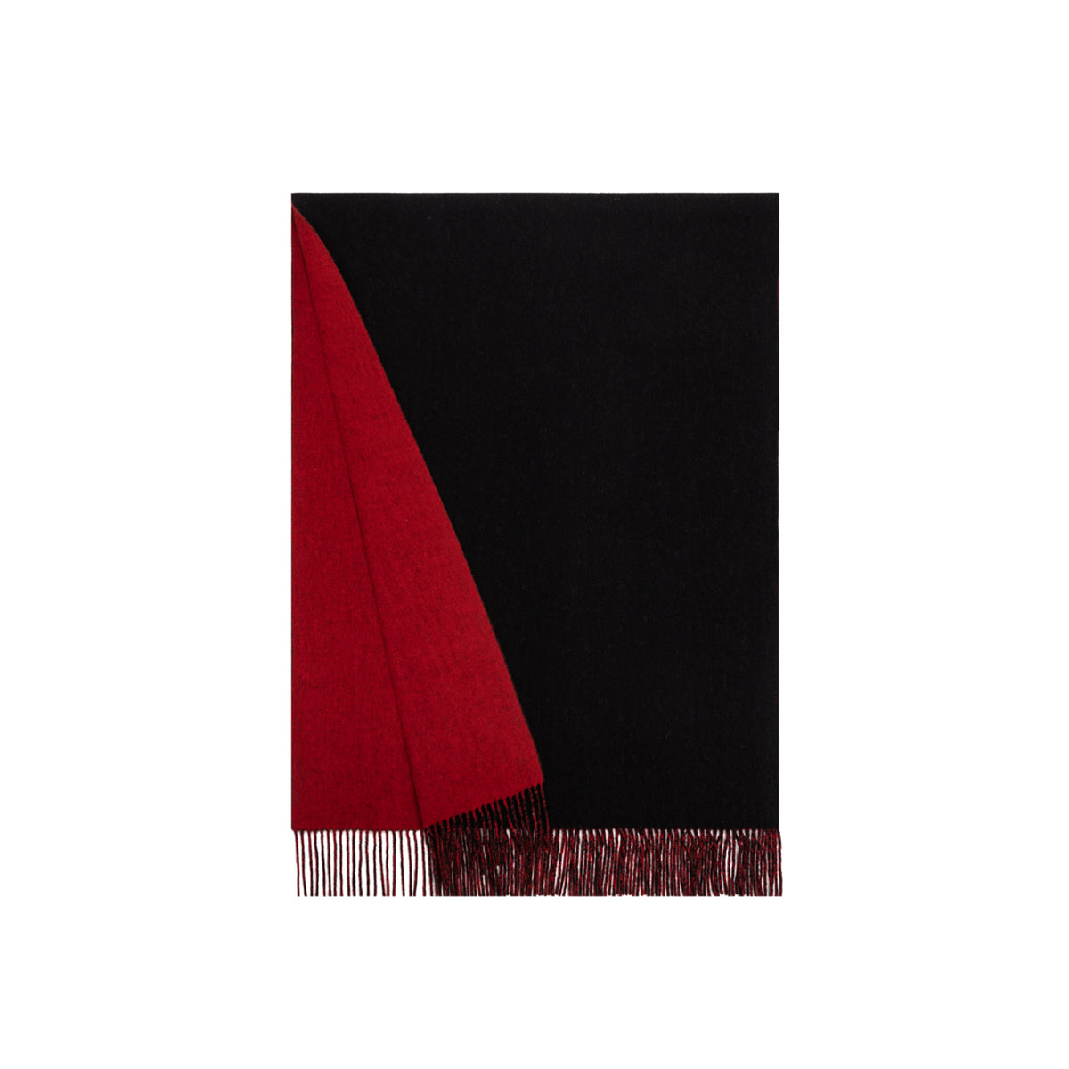 Margo & Main red lamb wool blanket scarf — flat lay showing both sides of the reversible wrap