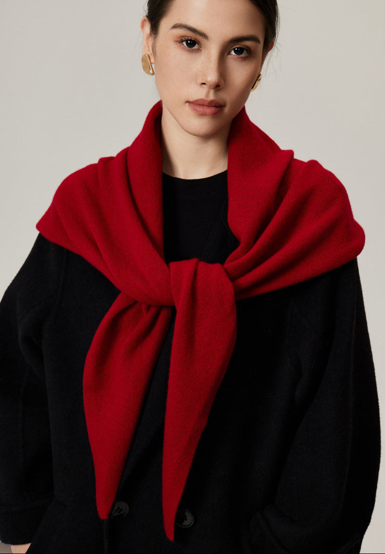 Margo & Main red lamb wool triangle scarf — close-up of the knot and the brushed wool weave