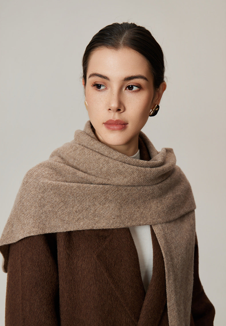 Margo & Main tan lamb wool triangle scarf — close-up of the wrapped neckline and soft knit