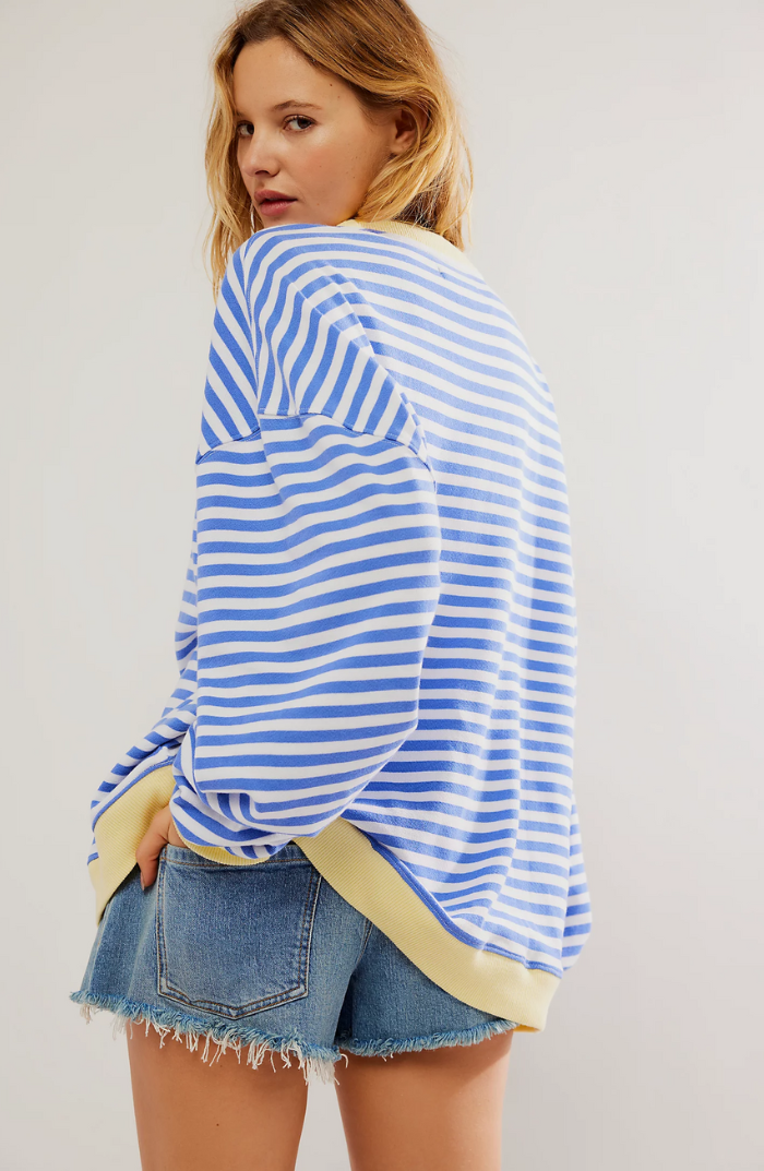 Margo & Main – blue & white striped sweater back view with denim shorts, US women's sizes