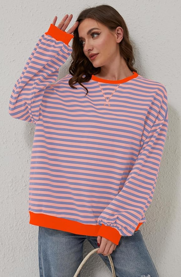 Margo & Main – pink & orange striped sweater front view with blue jeans, US women's sizes