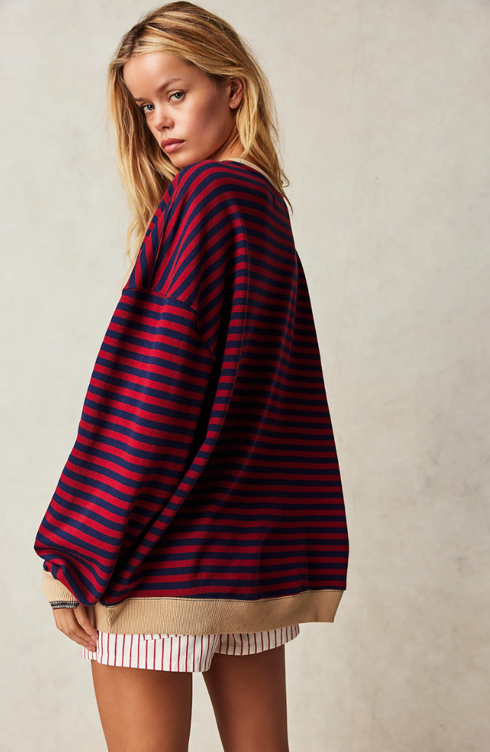 Margo & Main – navy & red striped sweater back view, dropped shoulders, US women's sizes