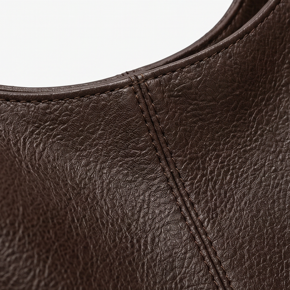 Margo & Main – Elspeth dark brown hobo bag, close-up of the grained finish and side seam