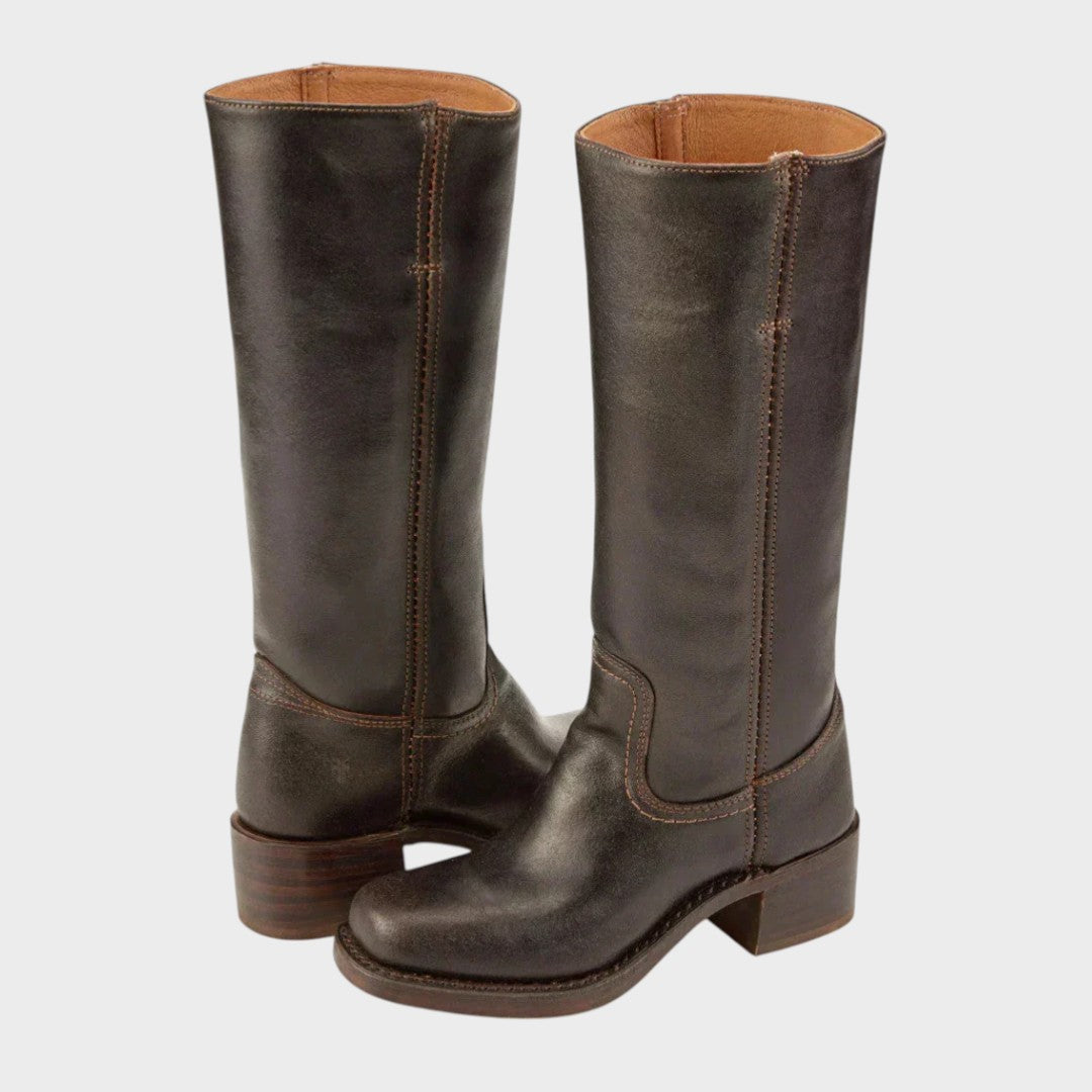 Margo & Main – Dark brown leather knee-high riding boots, front view, US women's sizes