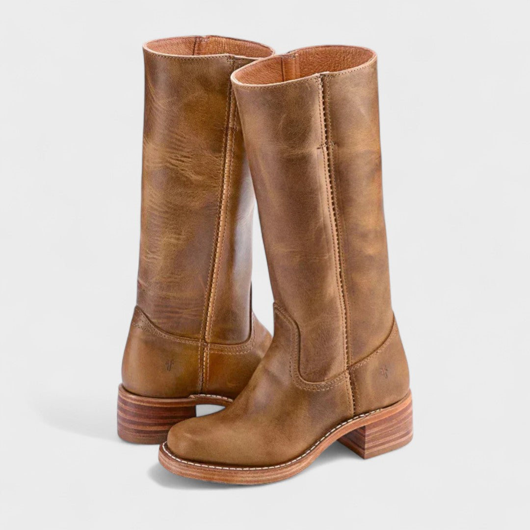 Margo & Main – Light brown knee-high boots, back and stacked heel view, US women's sizes