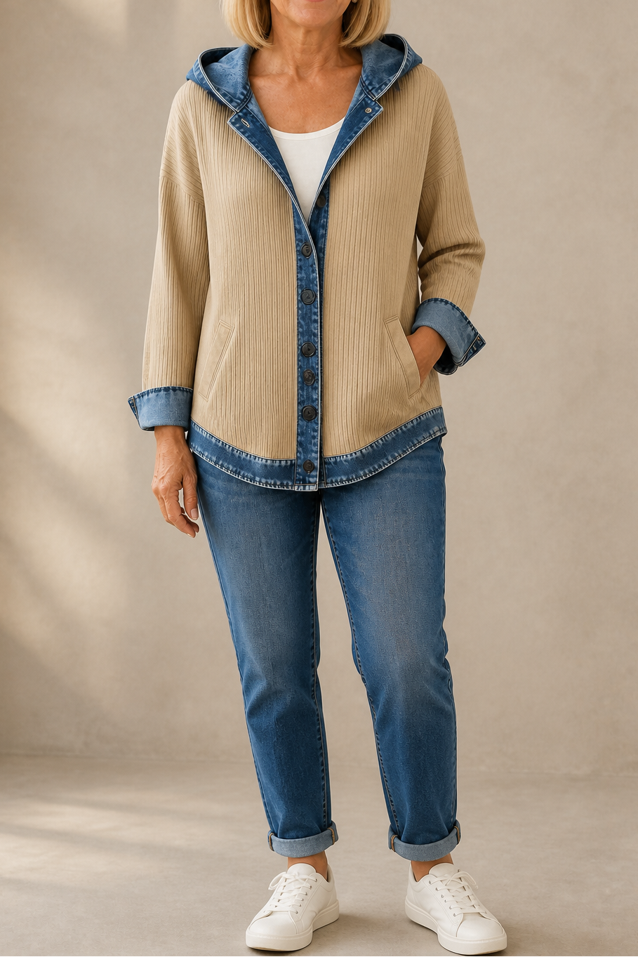 Corliss Hooded Plaid Shacket with Denim Trim