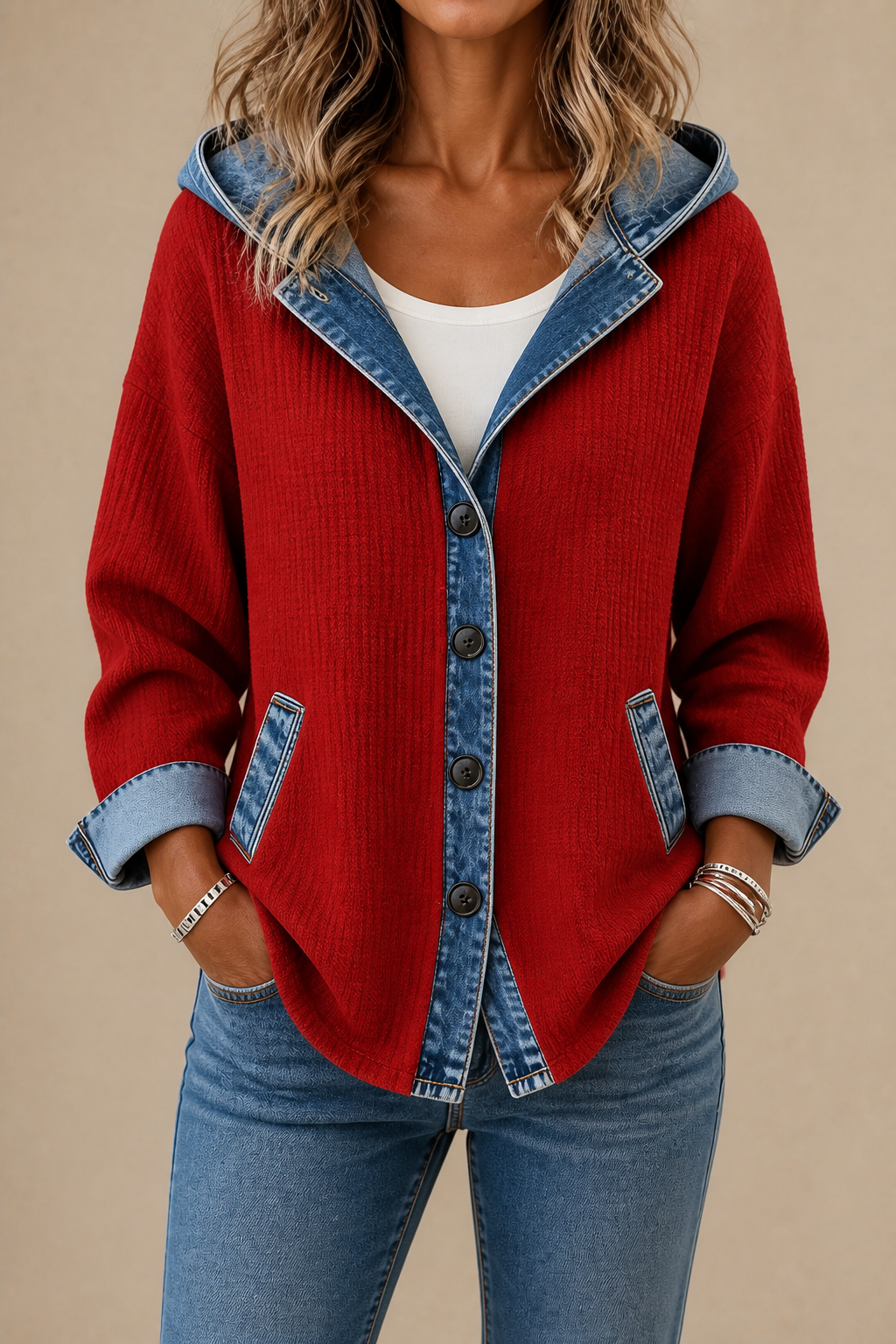 Corliss Hooded Plaid Shacket with Denim Trim