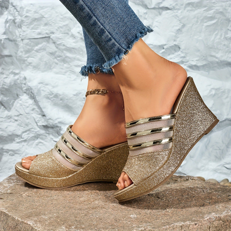 wedge sandals for women glitter platform slip on stylish summer dress sandals