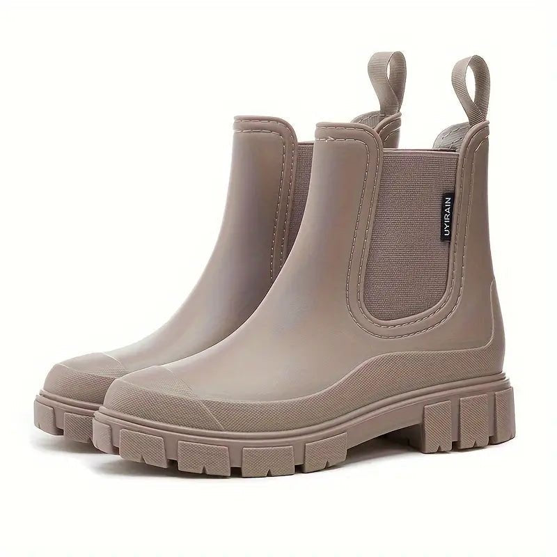 Margo & Main – Brown waterproof Chelsea ankle boots with lug sole, front view, US women's sizes