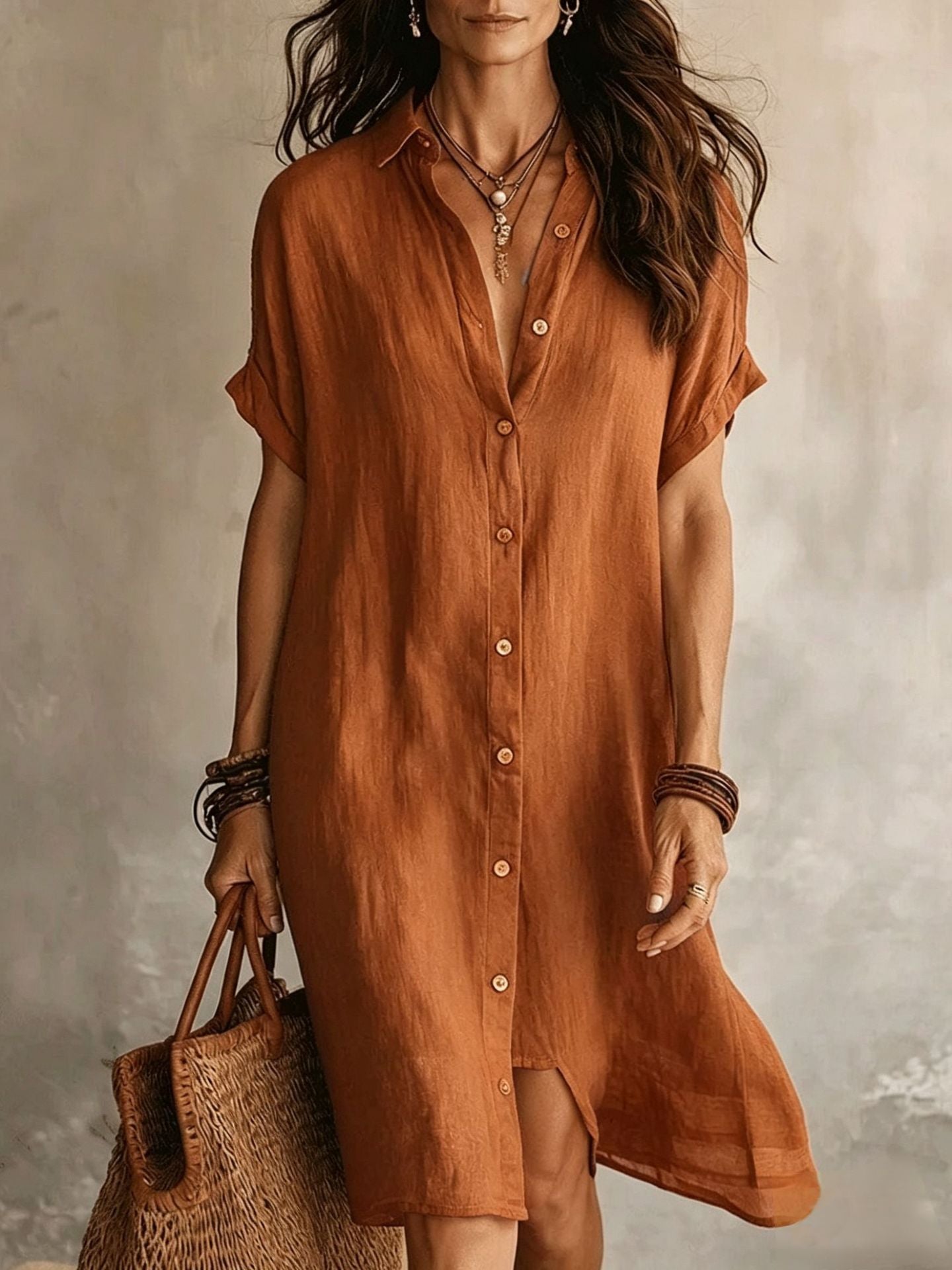 Comfortable linen blend shirt dress for women over 60 with an easy button front