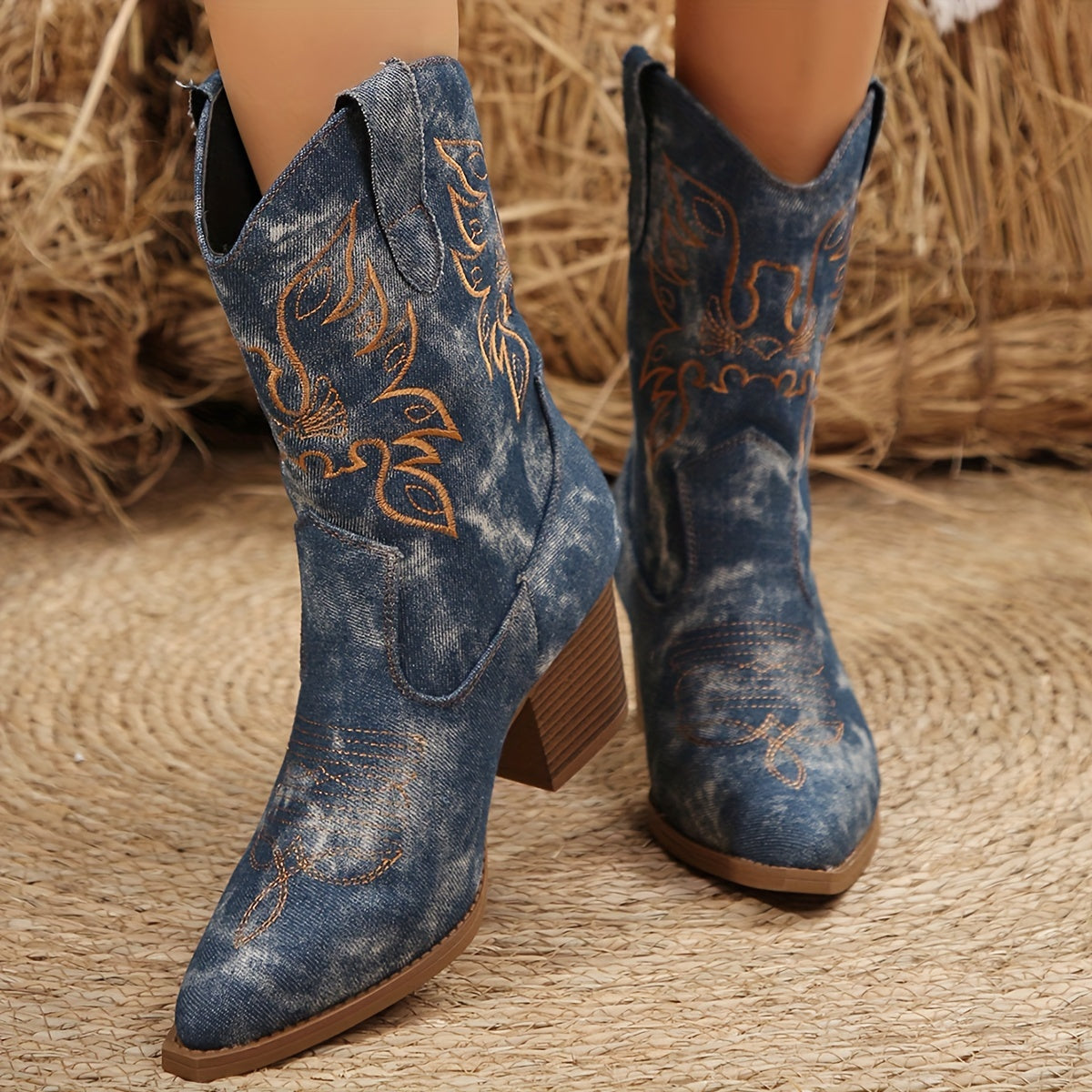 Margo & Main – blue distressed denim western boots with a dipped shaft collar, US women's sizes