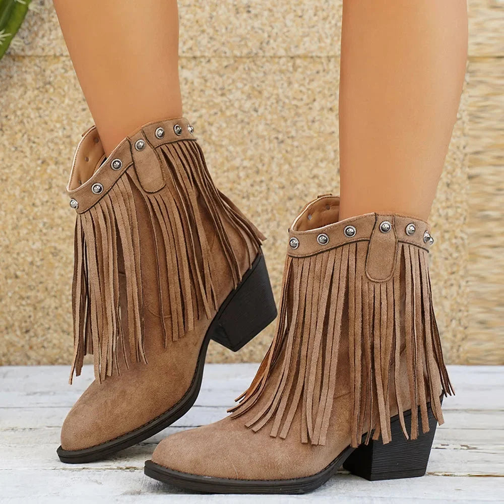 Margo & Main – tan fringe western ankle boots, suede and stud detail, US women's sizes