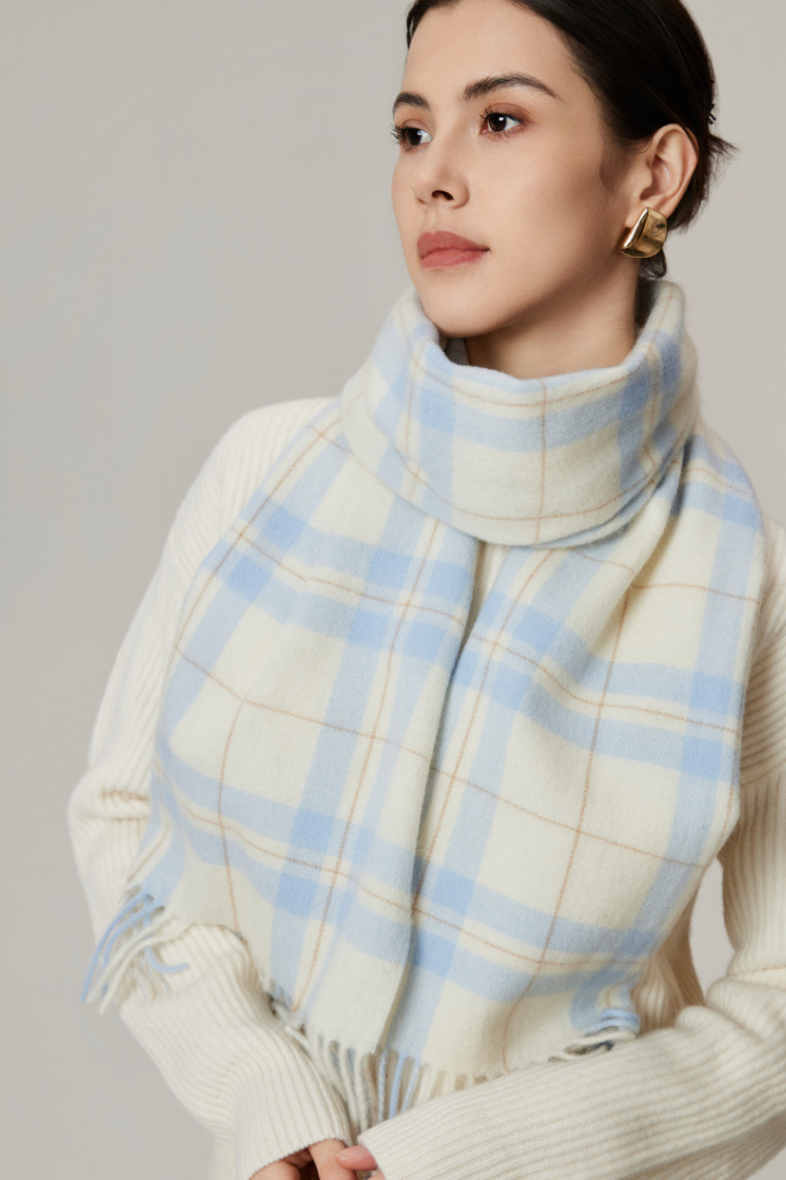 Margo & Main - ice blue checked wool scarf, close detail of the pale blue plaid, one size