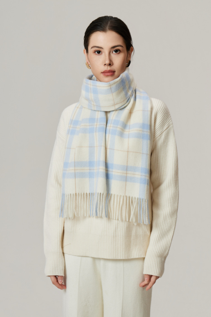 Margo & Main - ice blue checked wool scarf for women worn over a cream knit set, one size