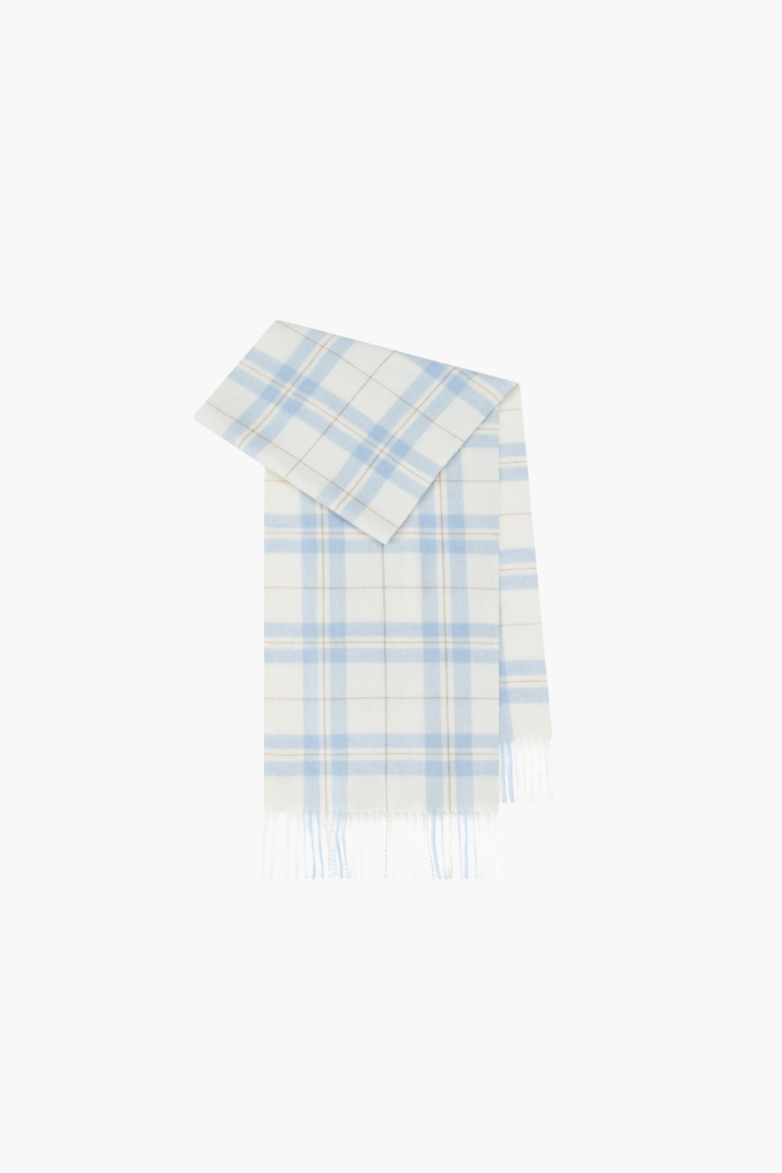 Margo & Main - ice blue checked wool scarf folded flat to show the full length, one size