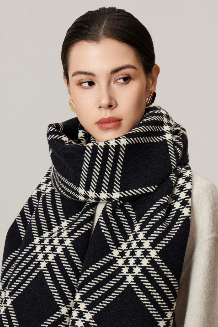 Margo & Main - black and cream plaid scarf, close view of the check pattern at the neck, one size