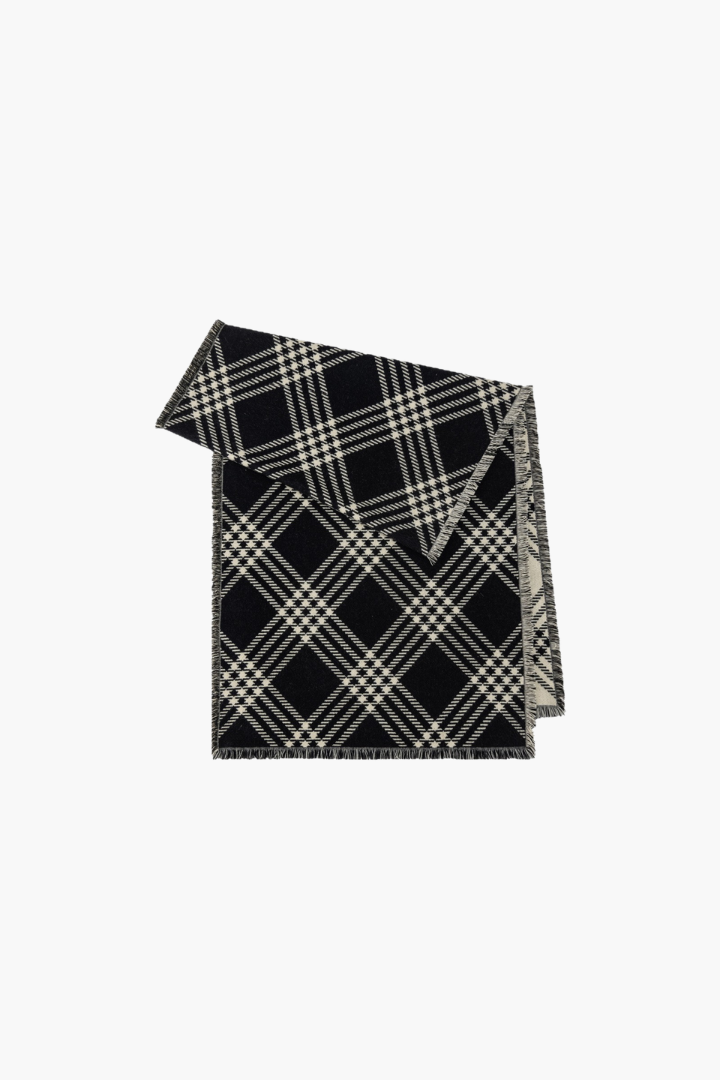 Margo & Main - black and cream plaid blanket scarf folded flat to show the width, one size