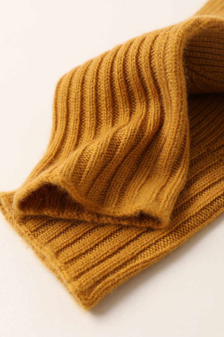 Margo & Main - mustard yellow cashmere gloves laid flat, detail of the long ribbed cuff, one size