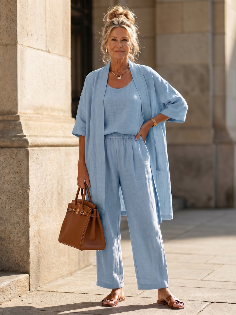 Margo & Main – Yael blue three-piece duster pant set, full front view worn, US women's sizes