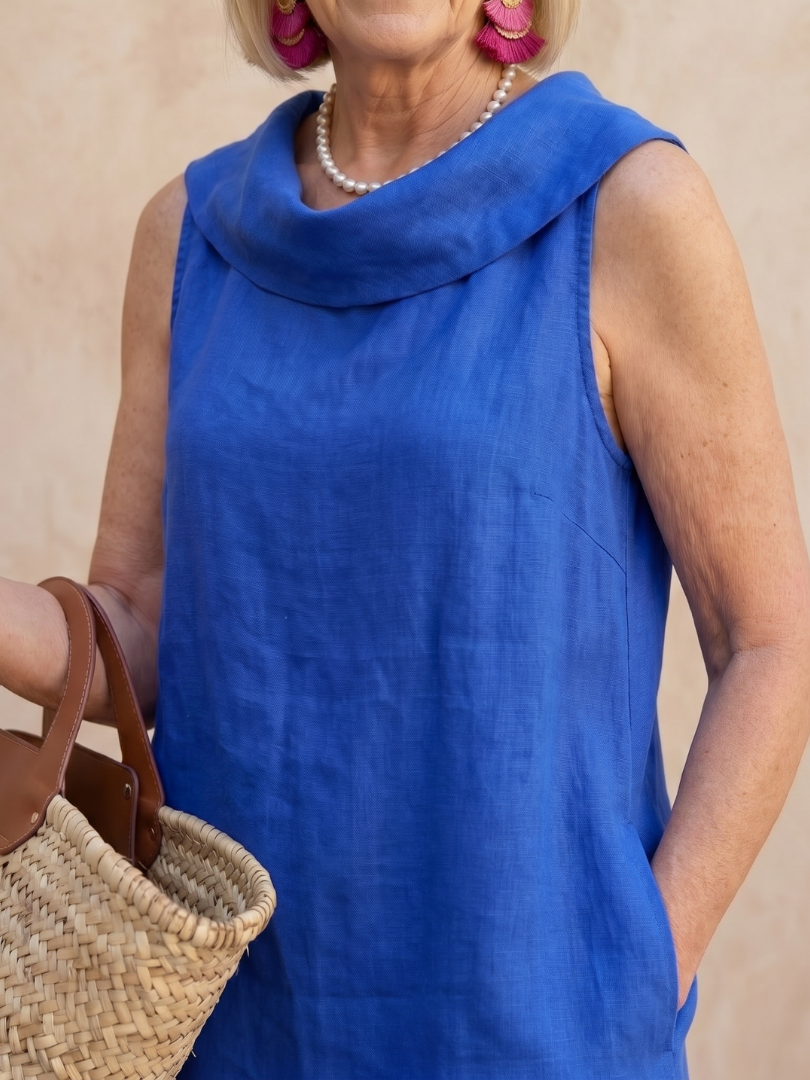 Margo & Main – Vienna Blue sleeveless linen shift dress, collar and pocket detail, US women’s sizes